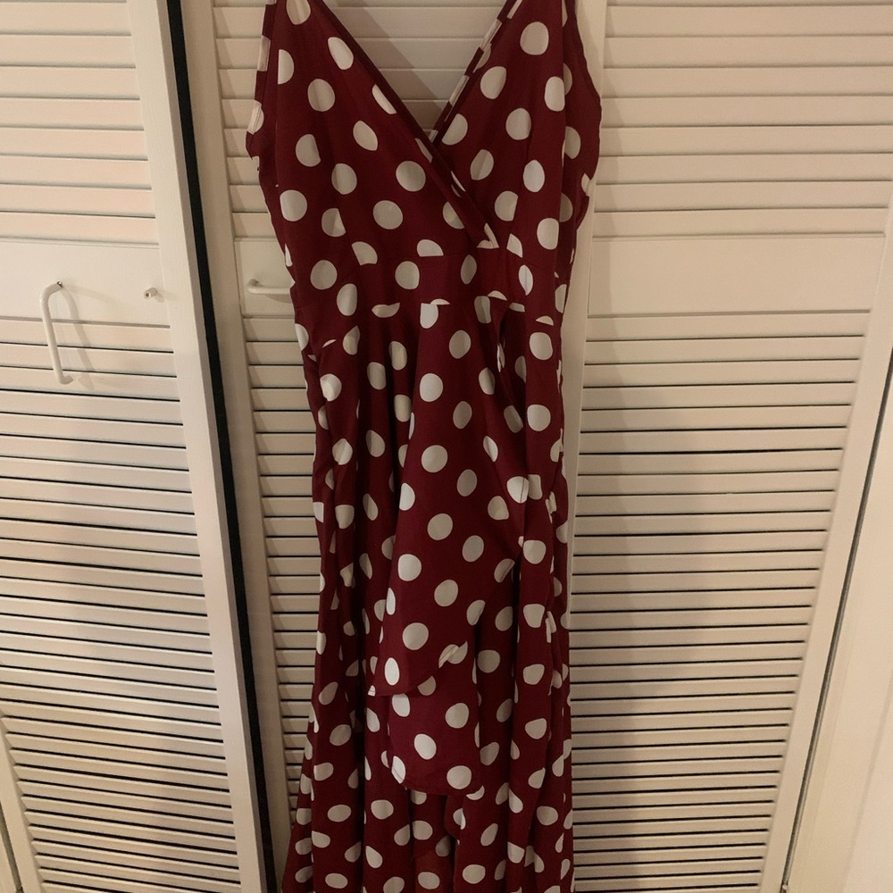 Womens high low slit, v neck, red and white polka dot. Never worn